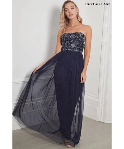 Season Offer Bandless Navy Beaded Maxi Dress