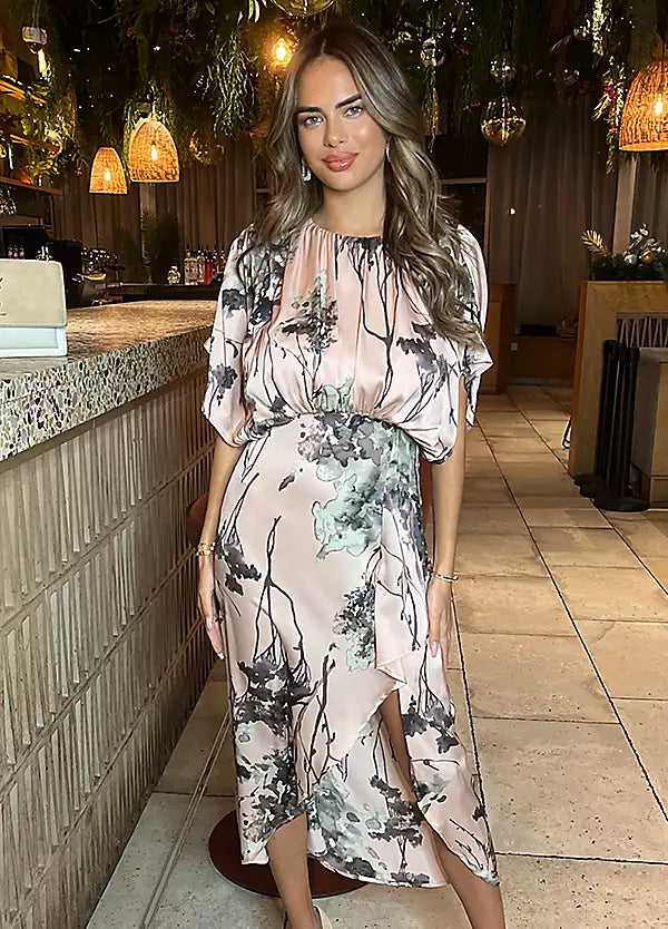 Trend Setting Wardrobe Dusty Pink Printed Batwing Top Wrap Skirt Midi Dress