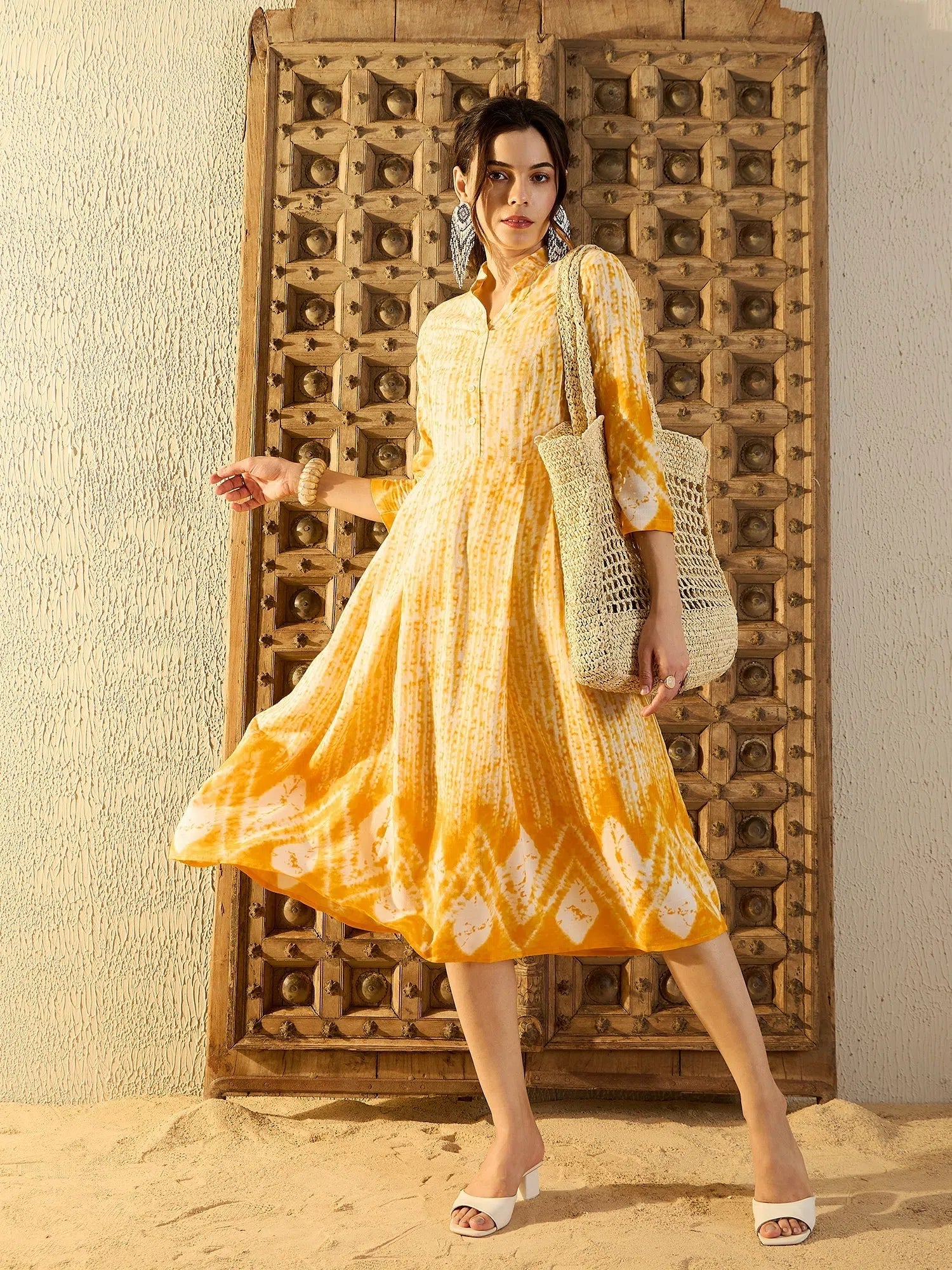 Chic And Comfortable Center Box Pleat Midi Dress in Yellow Tie & Dye-TP0487TD23