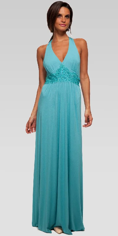 Earthy Tones Soutache Embroidery Halter Maxi Dress - Aqua