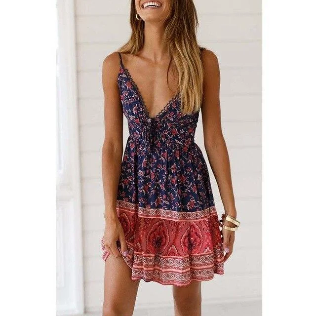 Trendy And Individual Women's Fashion FashionSierra - Women Summer Casual Clothes Blue Floral Print Sexy Mini Boho Dress Tunic Off Shoulder Ladies Pleated Dresses Beach Sundress