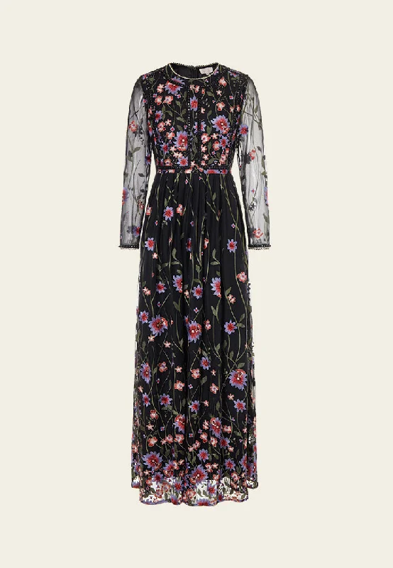 Preppy Style Oriental Embroidered Mesh Maxi Dress