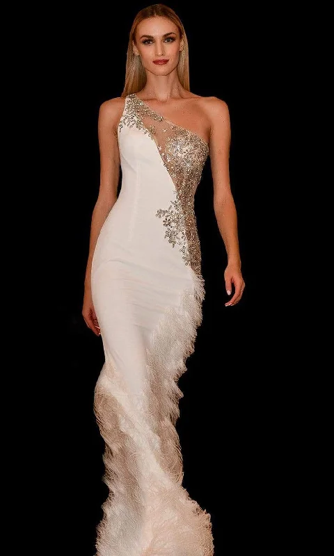 Free Spirited Fashion Jovani - 03389 Asymmetric Beaded Sheer Trumpet Gown