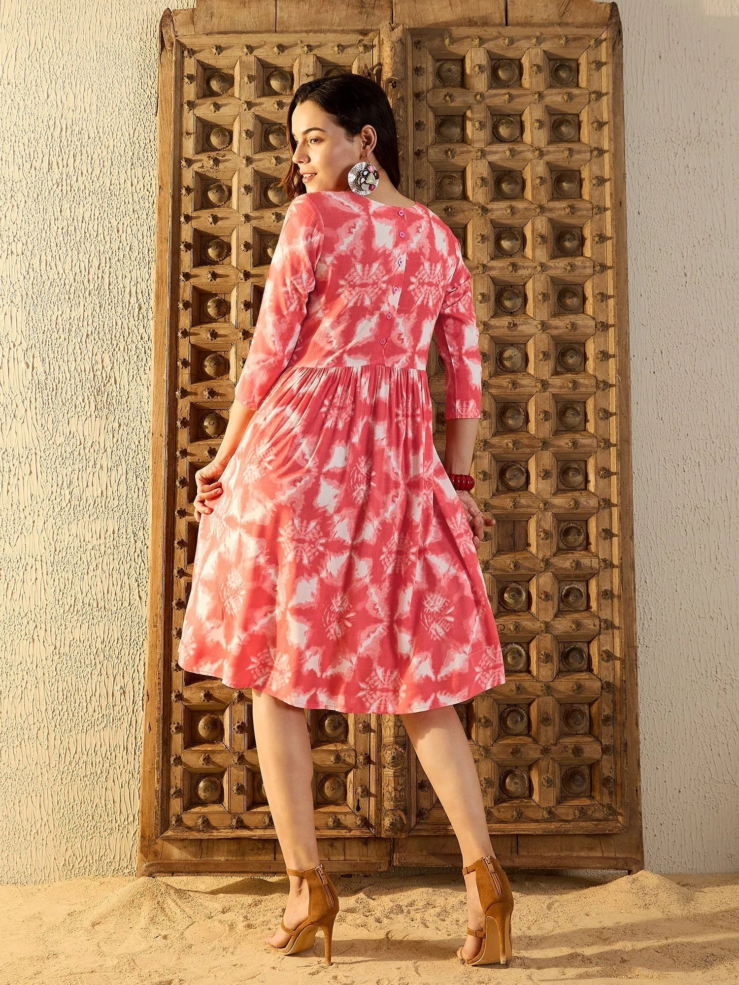 Chic Casual Style Front Tucks with Back opening Midi Dress in Peach Tie & Dye-TP0488TD12