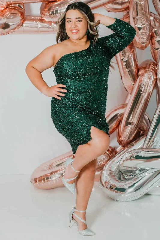 Limited Time Offer Sydneys Closet SC8112 Size 24 Hunter Sequin One Shoulder Long Sleeve Cocktail Dress Formal Gown