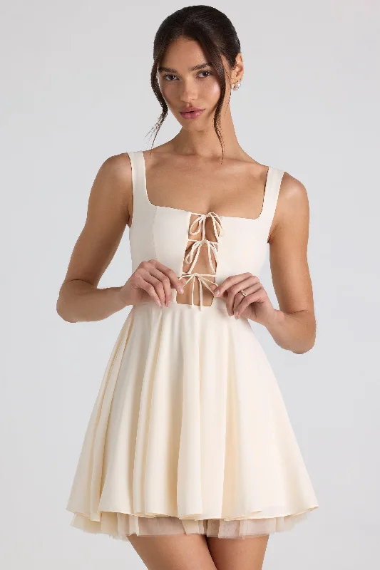 Timeless Elegance Tie-Detail A-Line Micro Mini Dress in Ivory