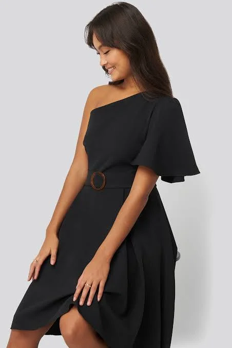 Laid-Back Elegance One Shoulder Belted Midi Dress