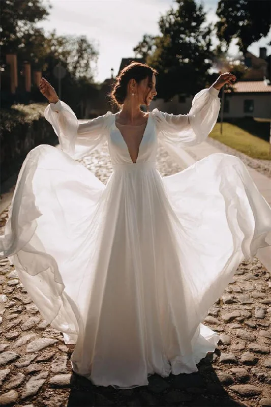 Chic & Cozy Apparel Roycebridal Simple Chiffon A-line Puffy Sleeves Beach Wedding Dress, Bridal Gown, MW644