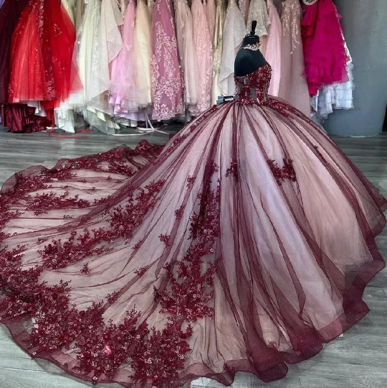 Break Fashion Norms Burgundy Princess Luxury Quinceanera Dresses Beaded Floral Applique Boning Corset vestidos para 15 años Sweet 16 Chapel Train