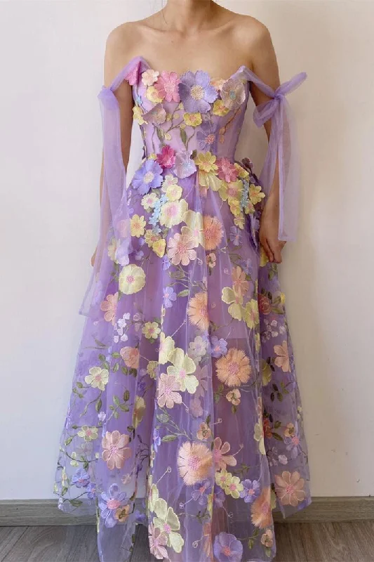 Stylish Statements Lavender Floral Embroidery A-line Formal Dress