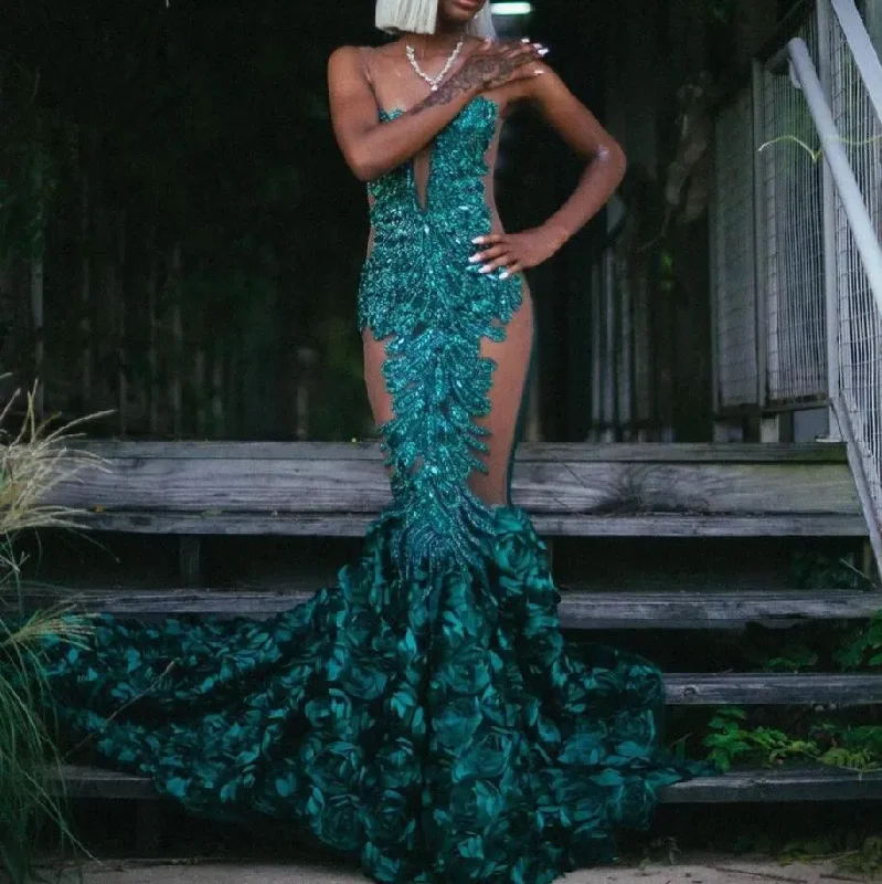 Dive Into Trendy Styles Emerald Green Sparkly Mermaid Prom Dresses For Black Girl Sheer Mesh Gillter Crystal Rose Floral Evening Ceremony Gown