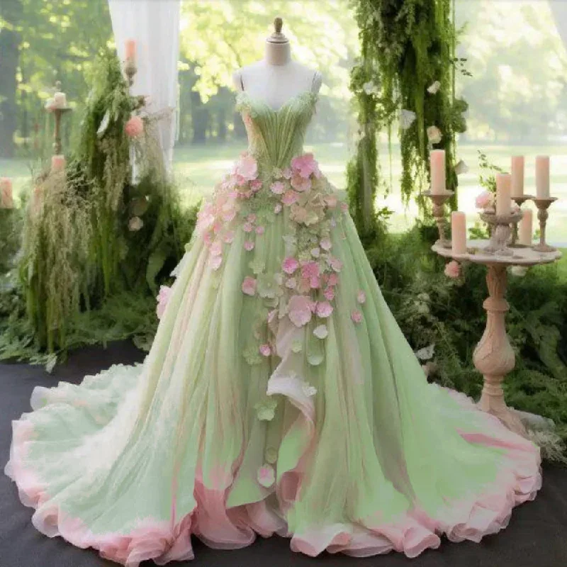 Fashion Forward Outfits Fairy Green & Pink Evening Dress Sweetheart Layered Tulle Dress Bicolor Applique Floral Dresses Custom Made Dream Dress Pretty