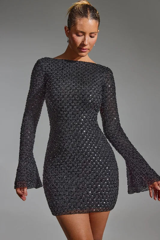 Versatile Wardrobe Essentials Embellished Open-Back A-Line Mini Dress in Black