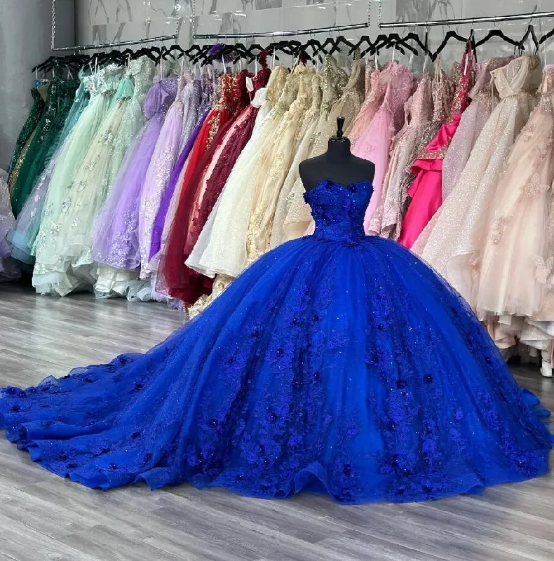 Vibrant Styles King Blue Princess Quinceanera Dresses Sweetheart 3D Floral Applique vestidos de 15 años Sweep Train Prom Lace Up sweet 16