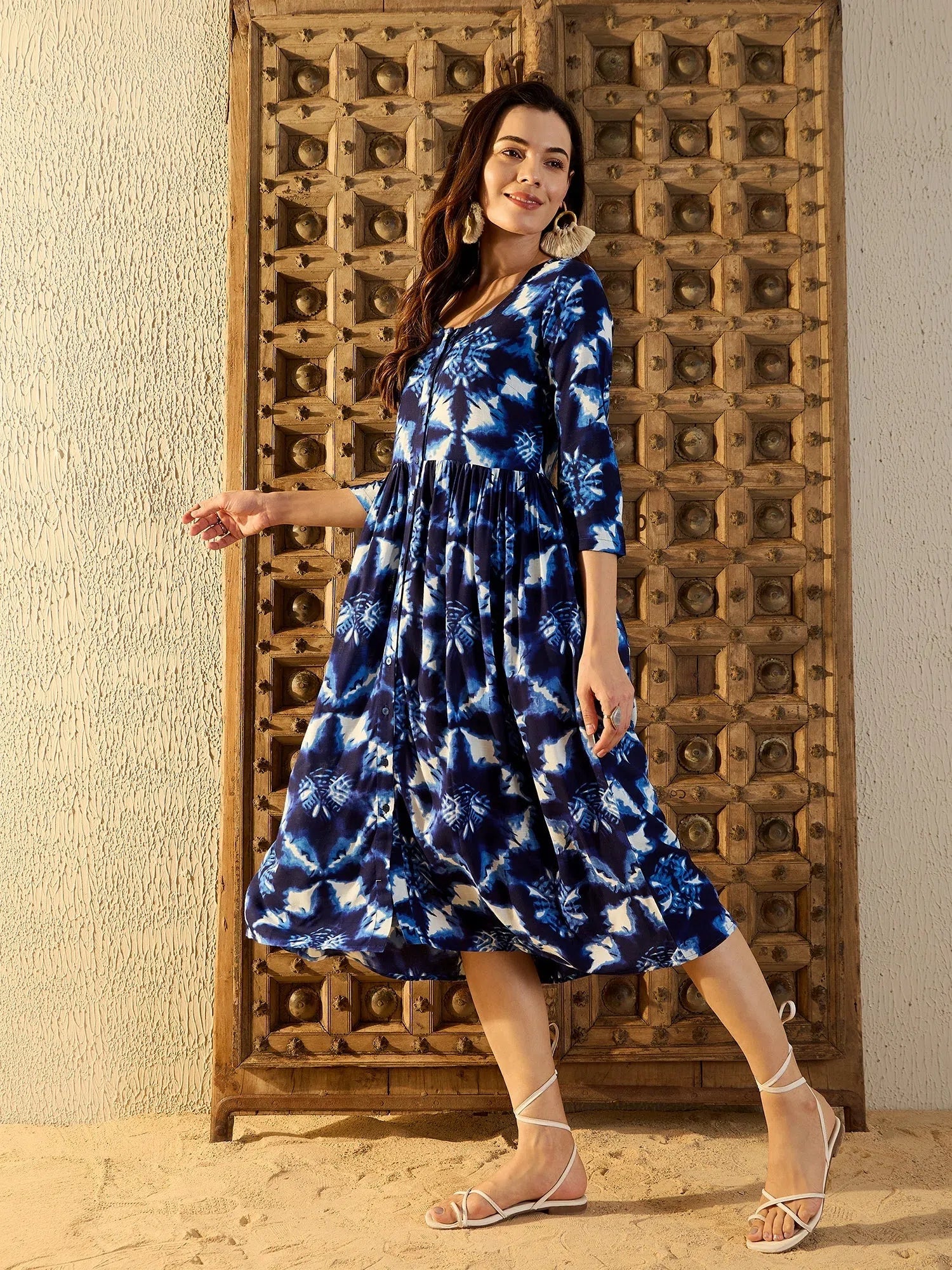 Relaxed Fashion Front button down Midi Dress in Blue Tie & Dye-TP0489TD10