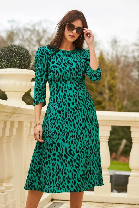 You'Ll Love Us Because Green & Black Animal Print Ruched Shoulder Midi Dress