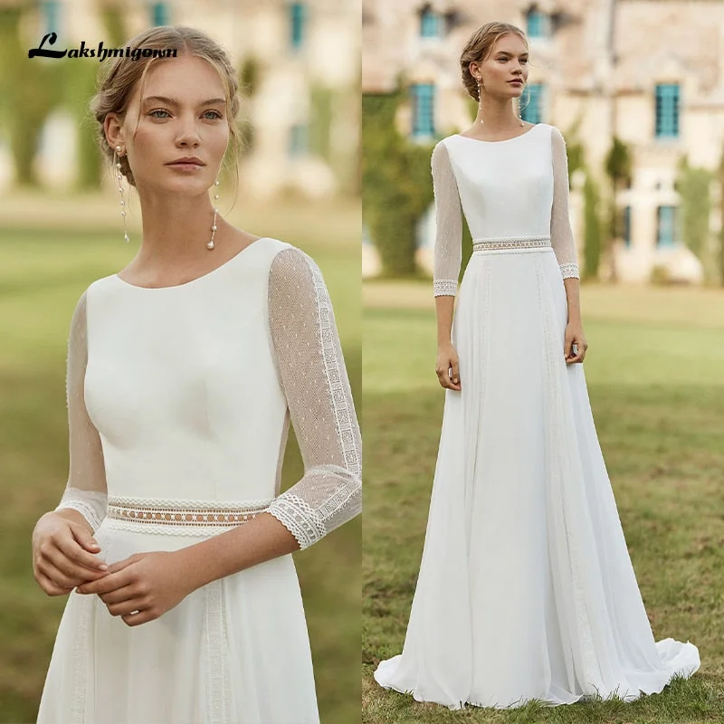 Fashion Forward Roycebridal Simple Boho Wedding Dresses  Removable Train Scoop Neck vestido de novia Chiffon A Line Bridal Dresses with 3/4 Sleeves