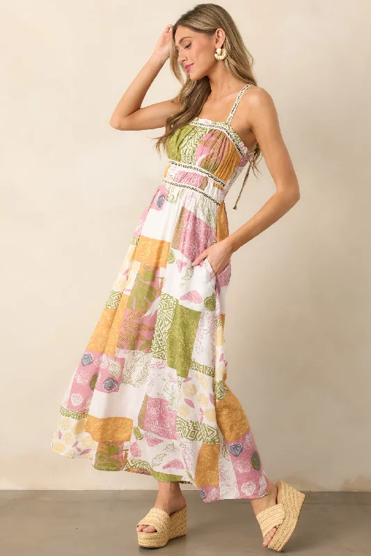 Comfortable Chic Trip To The Shore Ivory Patchwork Print Maxi Dress