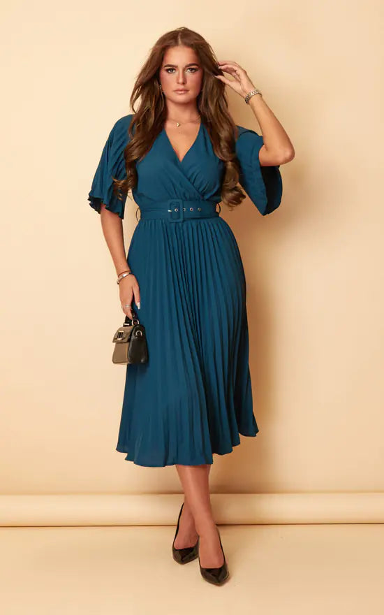 Season Offer Felicia Teal Pleated Detail Midi Dress