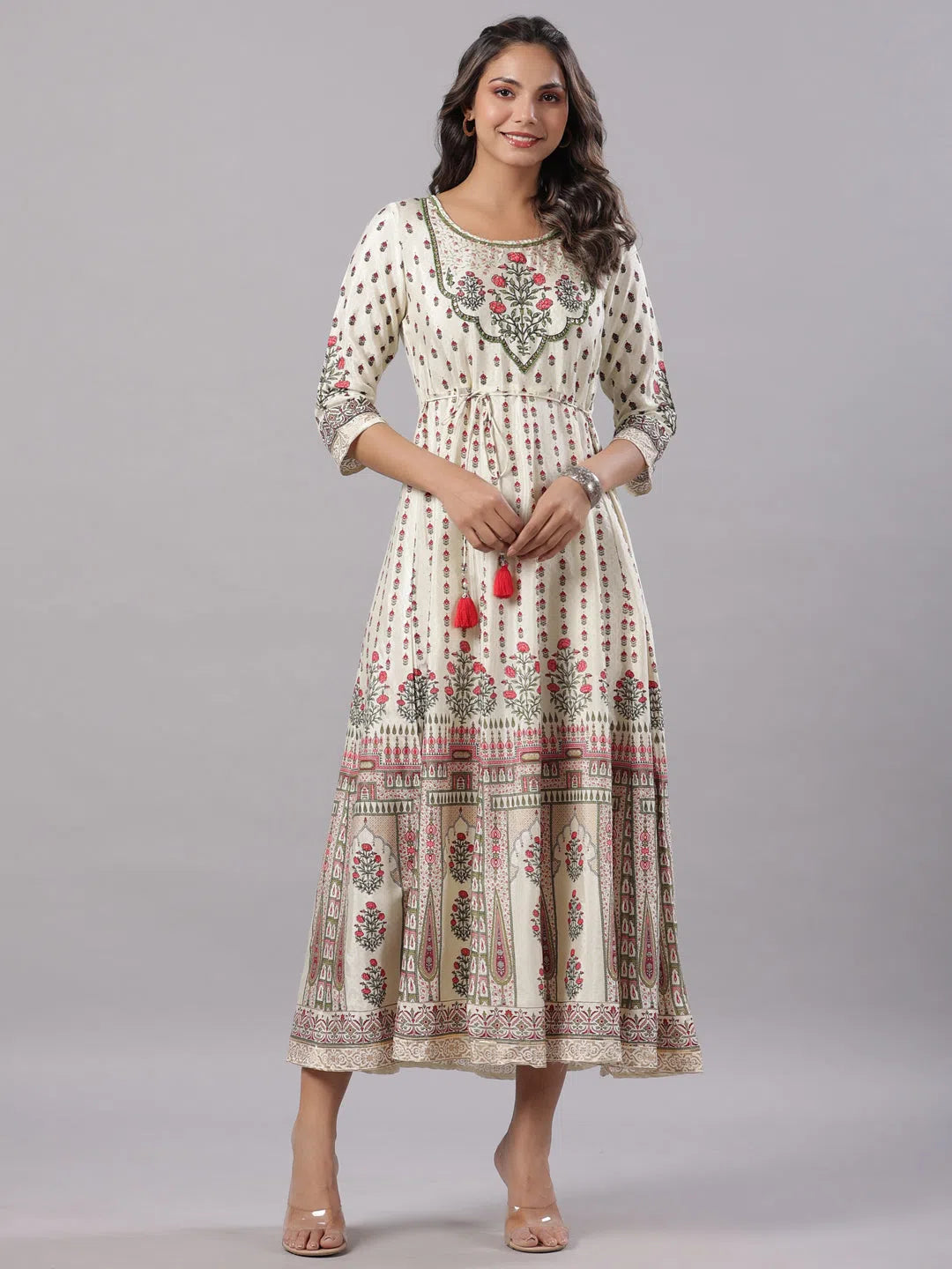 Chic Casual Style Juniper Women Yellow Shantoon Printed Anarkali Maxi Dress.