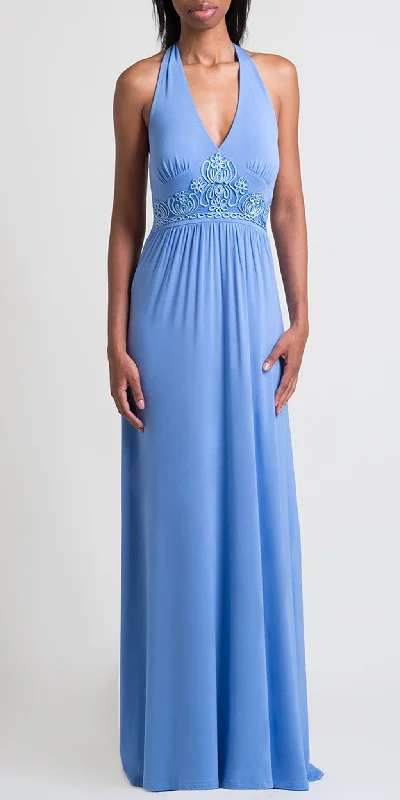 Free Spirited Fashion Soutache Embroidery Halter Maxi Dress - Lt. Indigo