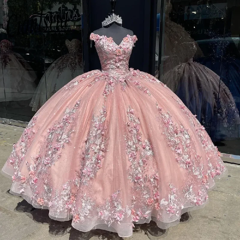 Timeless Elegance Mexican princess Pink Quinceanera Dresses with 3D Floral Applique lace-up corset Vestidos XV Años Sweet 16 Bow robe de soirée