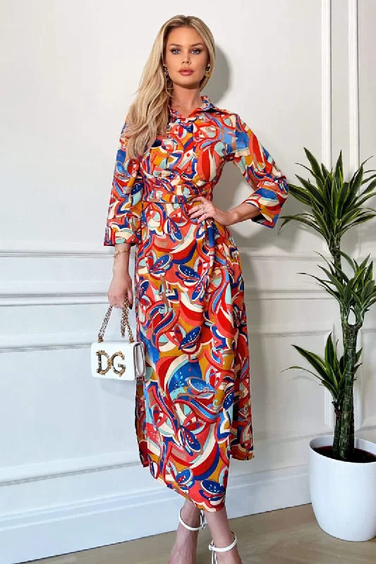 The Latest Fashion Trends Multi Printed Button Up Top Midi Dress