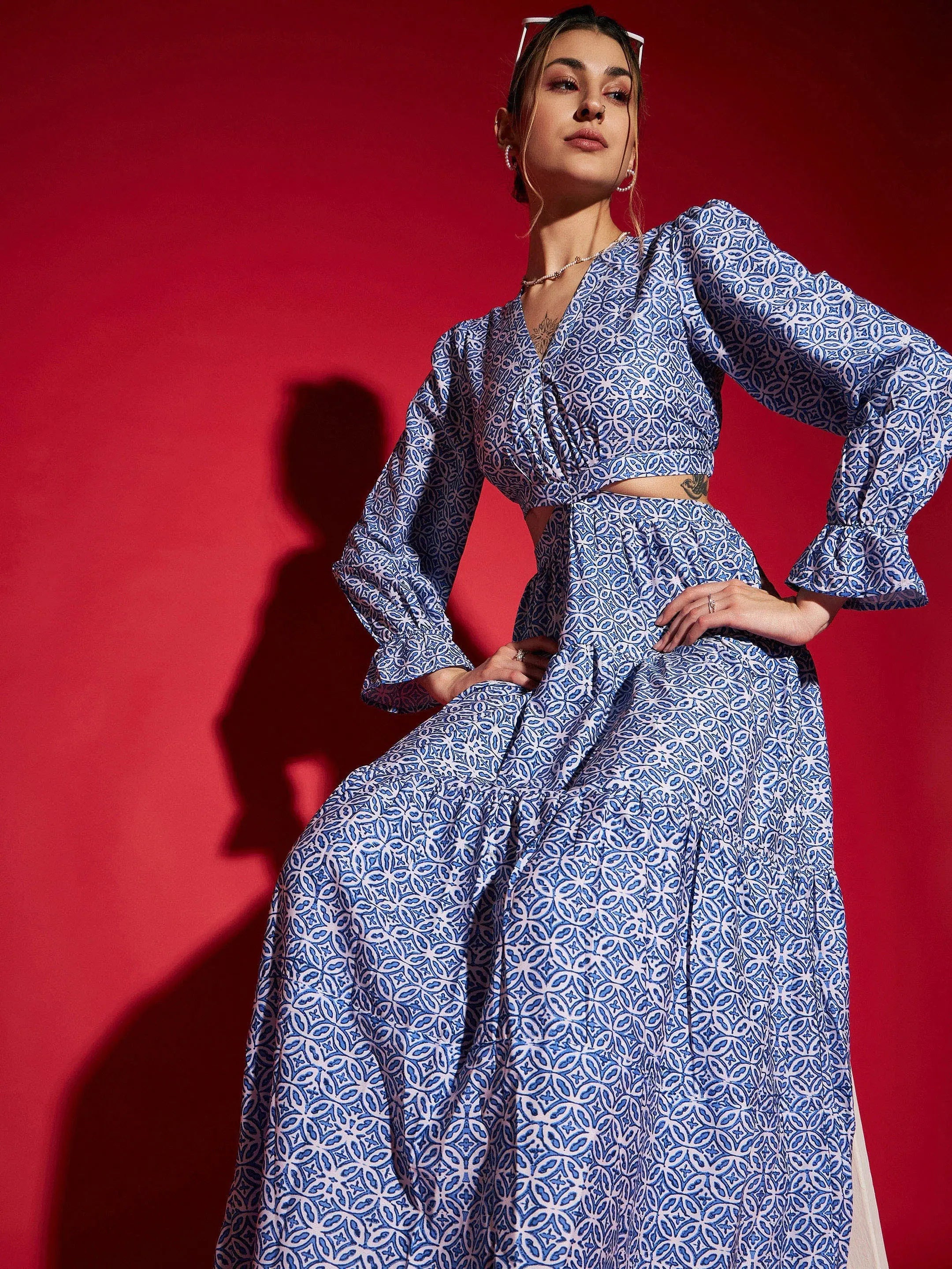 Sophisticated Fashion Women Blue Mughal Print Waist Cut-Out Maxi Dress