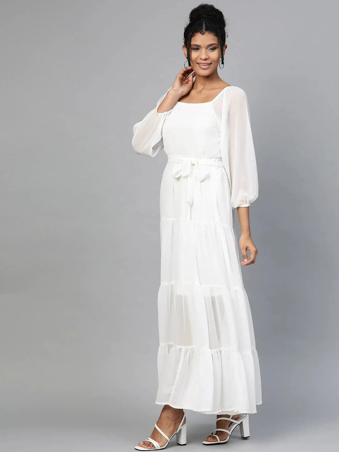 Athleisure Wear White Square Neck Tiered Maxi Dress