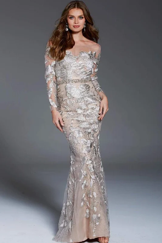 Chic & Cozy Apparel Jovani - Illusion Long Sleeve Foliage Motif Gown 55707SC - 1 pc Champagne in Sizes 6 Available