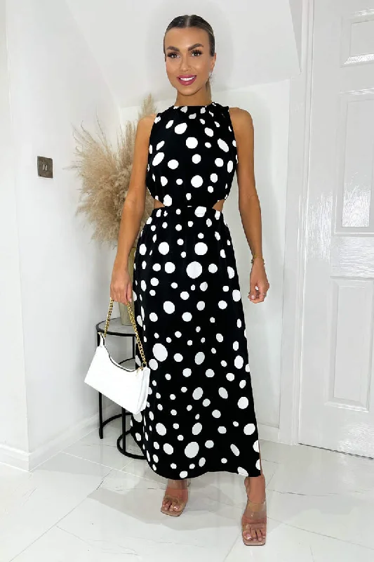 Chic And Edgy Black And White Polka Dot Cut Out Midi Dress