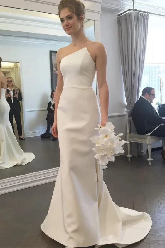 Chic Casual Style Roycebridal Simple Mermaid Ivory Strapless Wedding Dresses With Train, Wedding Gown, MW781