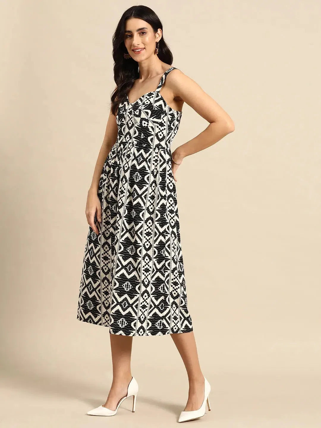 Quality Driven Apparel Corset Top Midi Dress in Black and Cream Ikkat Print