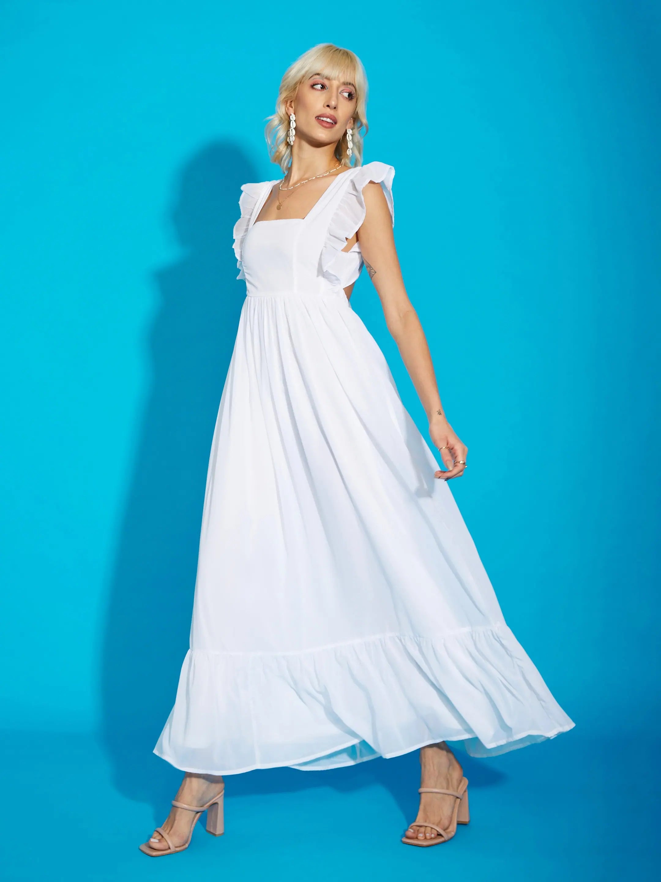 Casual Chic Women White Square Neck Frill Hem Maxi Dress