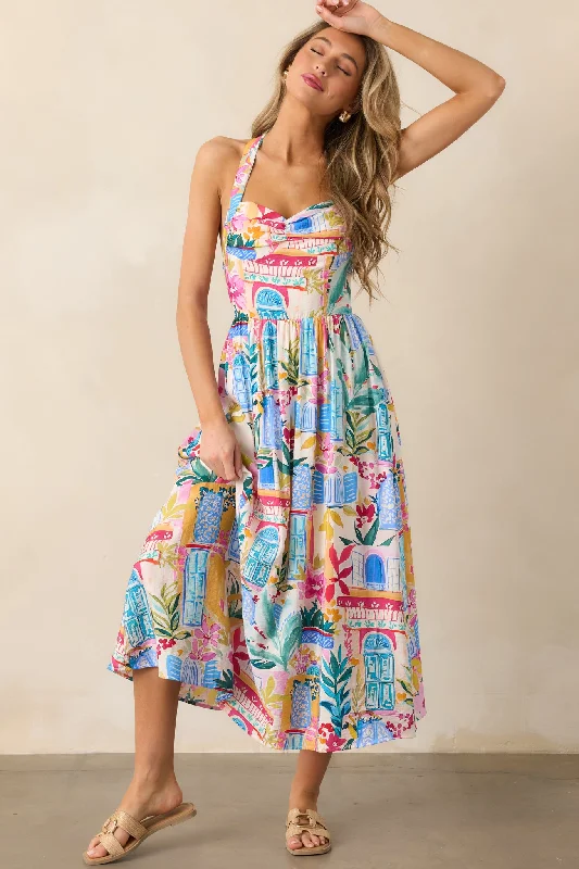 Stupidly Low Prices Seaside Brunch Blue Multi Tropical Print Maxi Dress