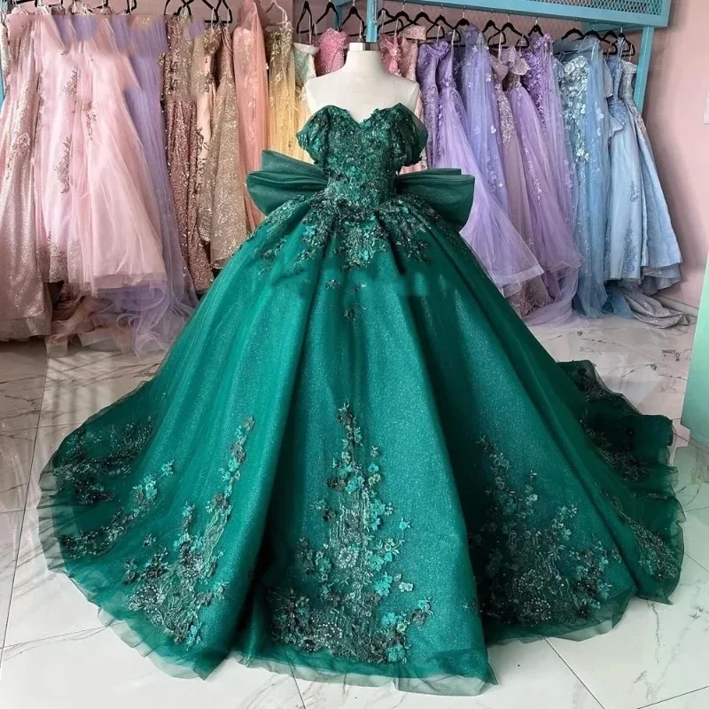 Vibrant Femme Fashion Green Shiny Off Shoulder Quinceanera Dress Prom Dress Floral Applique Lace Beads Bow Princess Dress Sweet 15Year Old Party Dress