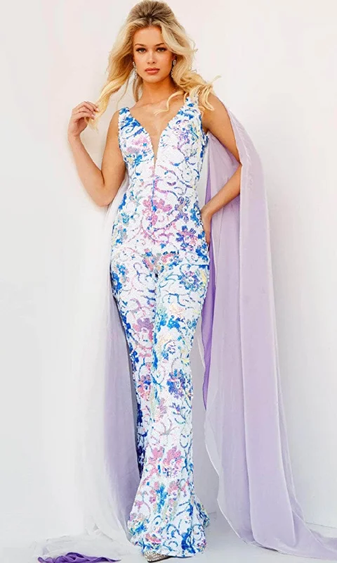 Pastel Styles Jovani 08258 - Multi Color Sequined Sashed Jumpsuit