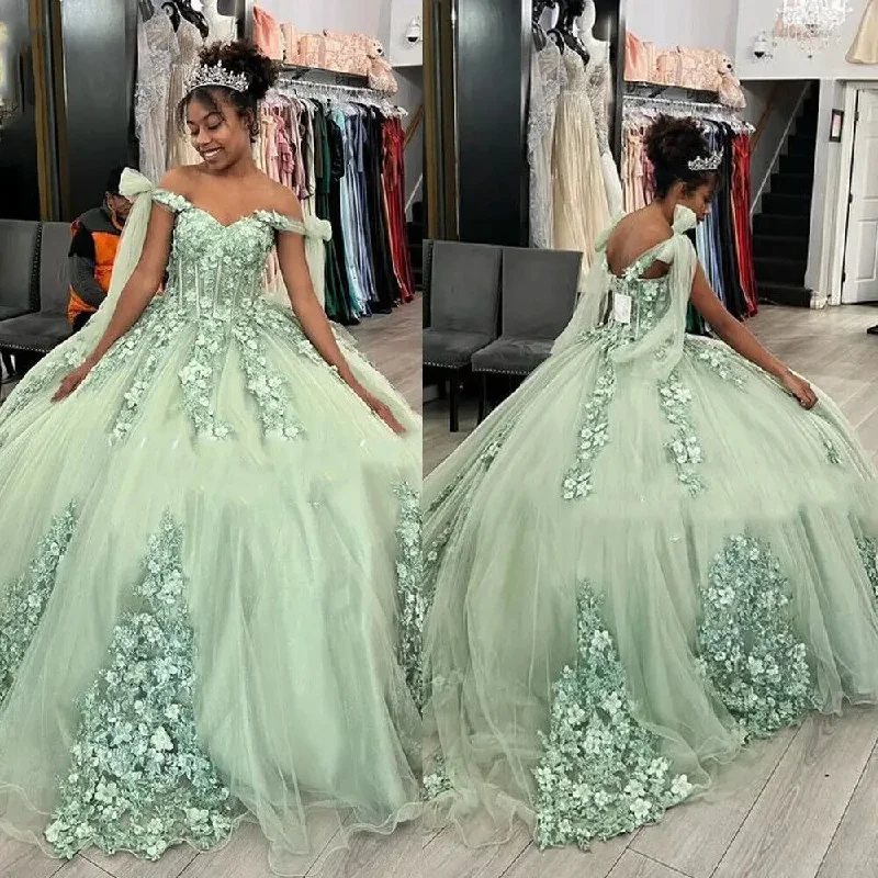 The Epitome Of Modern Women's Fashion Sage Green Quinceanera Dresses Cape Sleeve 3D Florals Prom Dress Sweet 15 Birthday Dress For Women Party Gowns