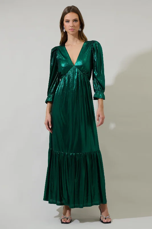 Your Timeless Wardrobe Awaits Amberly Metallic Mayrel Pleated Maxi Dress