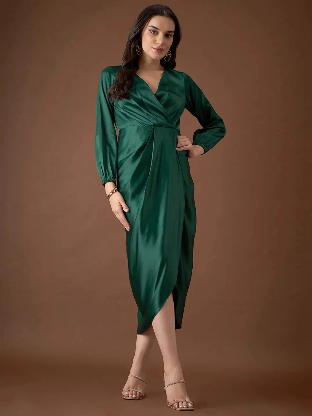 Limited Styles Overlap neck Tulip midi Dress in Green Color