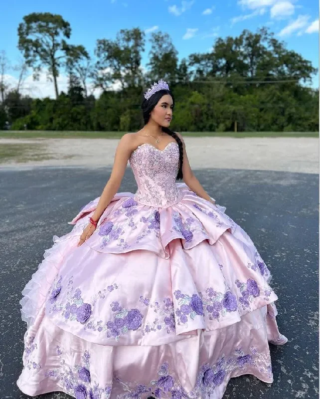 Elegant Clothing Purple Pink Charro Mmexican Quinceanera Dresses Floral Embroidery Ruffles vestidos de fiesta de 15 quinceañera Prom Dress Bow