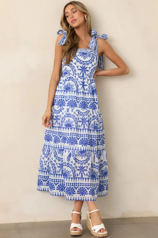 Crazy Price Slashing Afternoon Sips Cotton Blue Tropical Print Maxi Dress