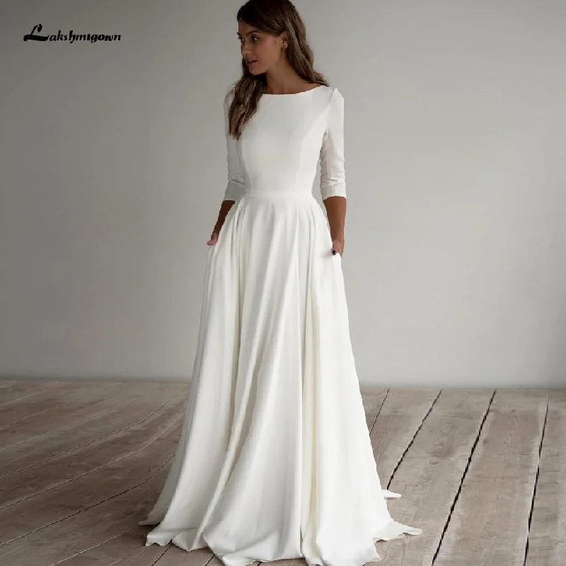 Holiday Special Offers Roycebridal Simple Satin Wedding Dress A Line 3/4 sleeves Beach