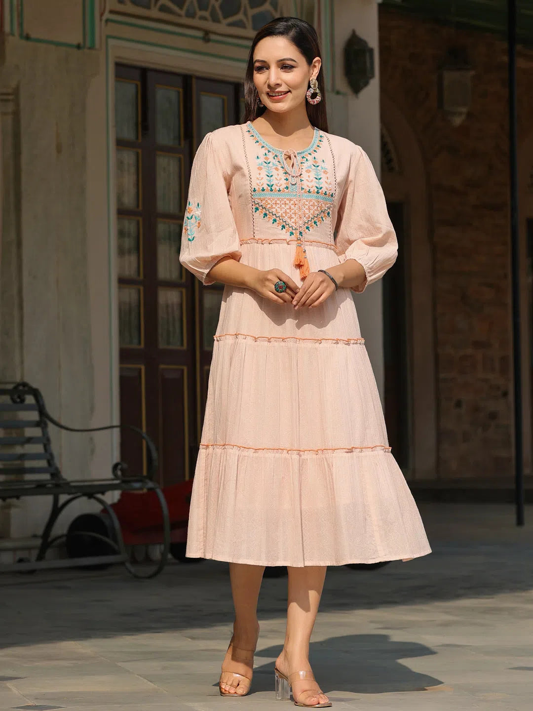 Modern Casual Clothing Juniper Women Peach Cotton Dobby Embroidered Tiered Maxi Dress.