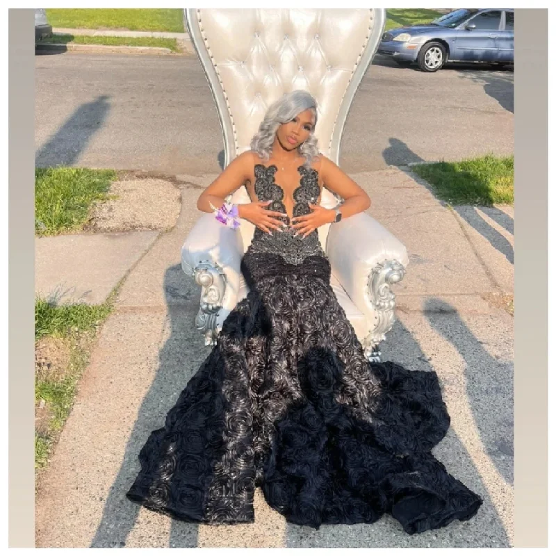 Chic Style, Always In Vogue Black African American Prom Dresses Mermaid Sheer Sequins Floral Beaded Black Girls Nigeria Robe De Soiree Evening Gown