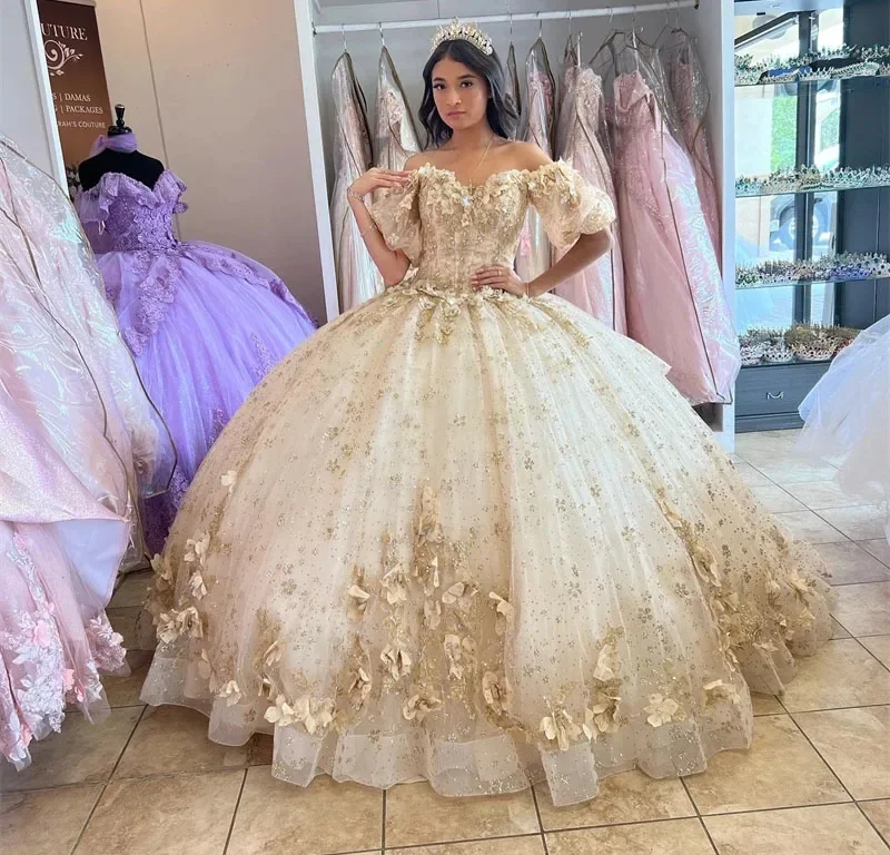 Trend Driven Wardrobe Champagne Quinceanera Dresses Ball Gown Off The Shoulder Sparkly Floral Sweet 16 Dresses 15 Años Mexican