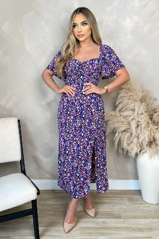 Everyday Basics Purple Animal Print Short Sleeve Tie Front Midi Dress