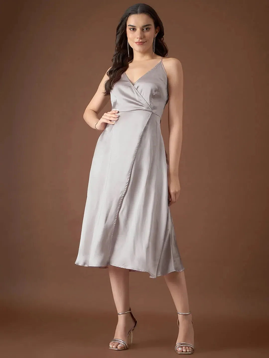 Clearance Event Overlap neck Flared midi Dress in Silver Color