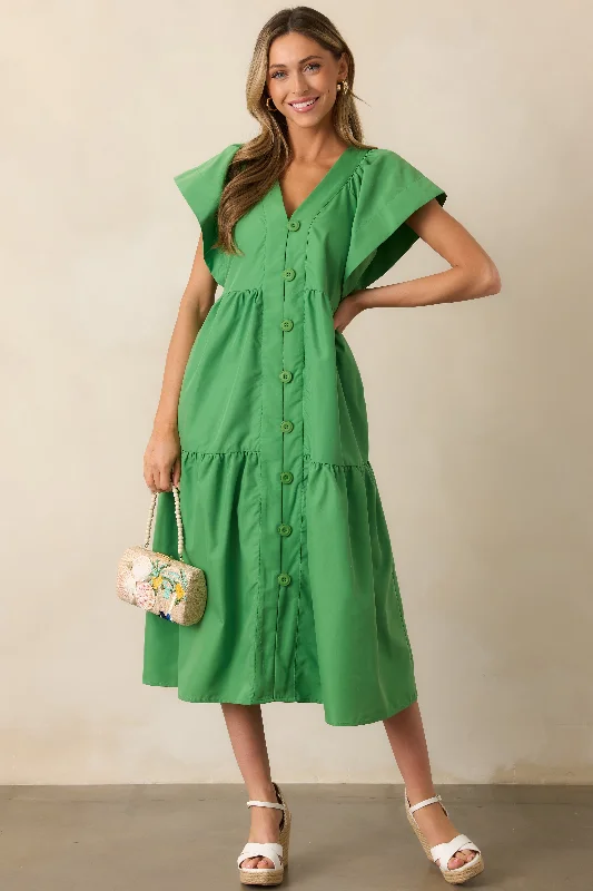 Trendy Women's Wear Vivid Palms Green Button Front Midi Dress