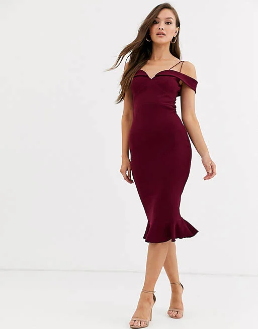 Casual Fashion Strappy Bardot Midi Dress Burgundy